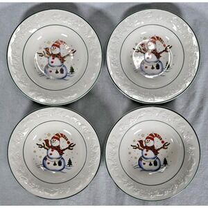 Set of (4) GEI Christmas Bowls Whimsical Snowman Embossed Holly Rim Stoneware